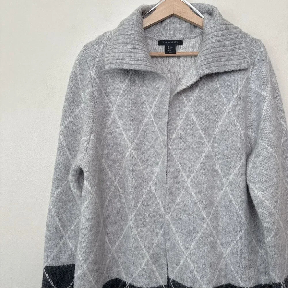 Tahari Womens Xlarge Argyle Long Grey Open Cardigan - Picture 8 of 15